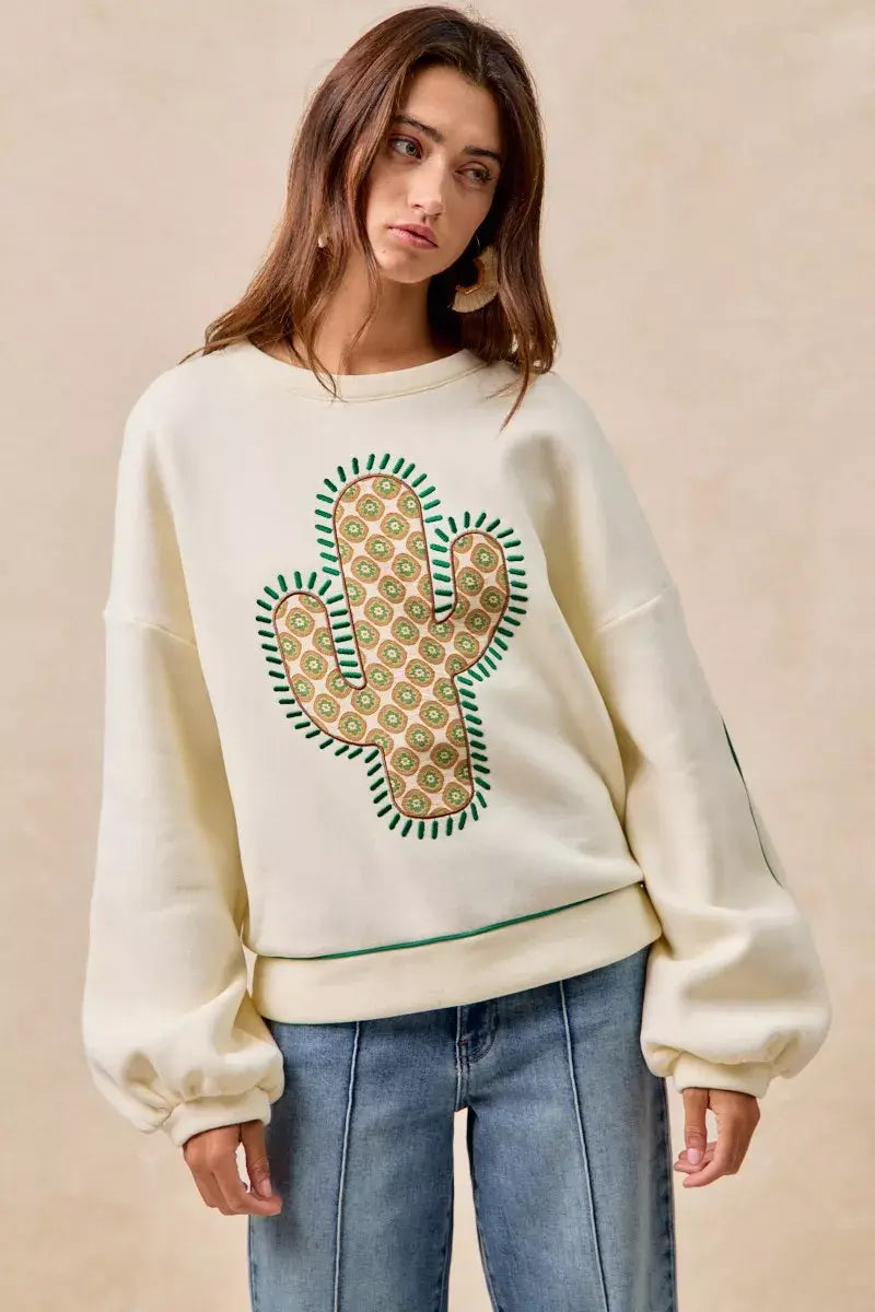 BiBi Cactus Embroidered Fleece Sweatshirt - Trendsi - Flyclothing LLC