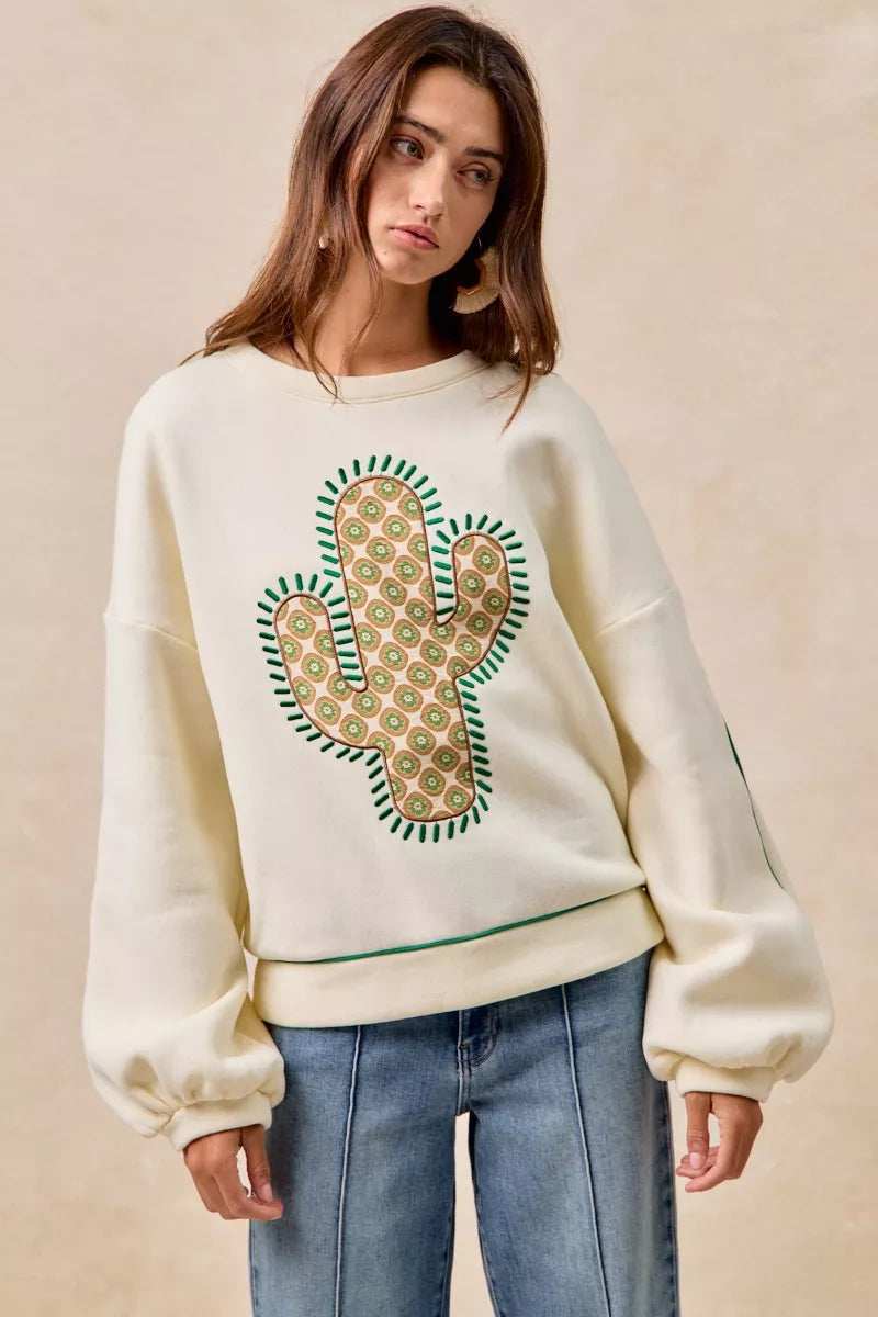 BiBi Cactus Embroidered Fleece Sweatshirt - Trendsi - Flyclothing LLC