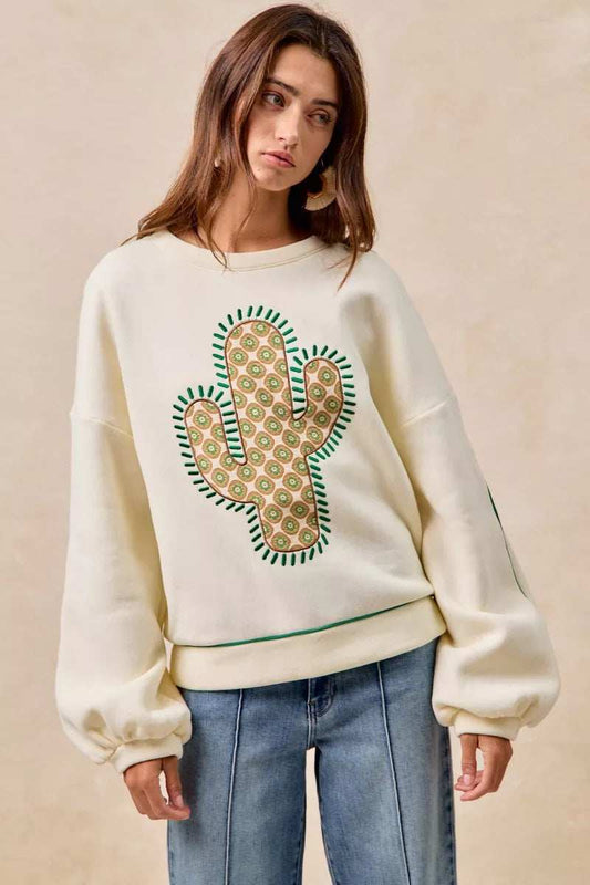 BiBi Cactus Embroidered Fleece Sweatshirt - Trendsi - Flyclothing LLC