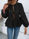 Ivy Lane Peplum Tied Long Sleeve Blouse - Trendsi - Flyclothing LLC