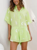 Printed Collared Neck Half Sleeve Romper - Trendsi