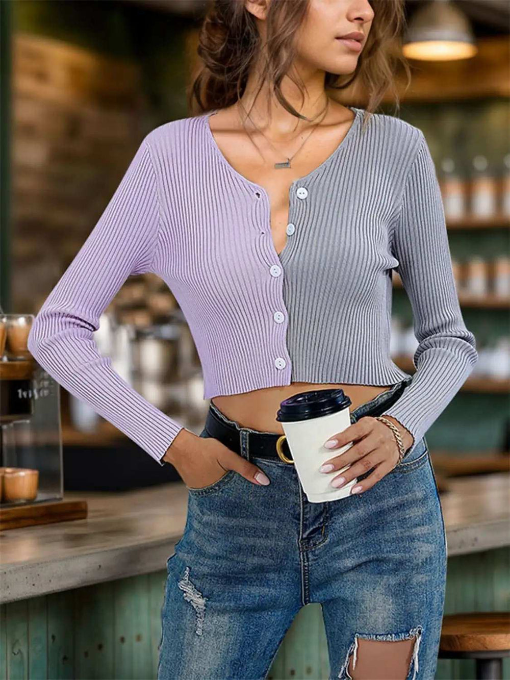 Contrast Button Up Long Sleeve Cardigan - Trendsi - Flyclothing LLC