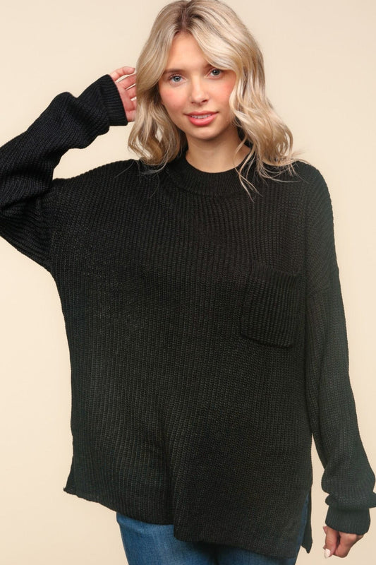 Haptics Mock Neck Side Slit Knit Top - Trendsi
