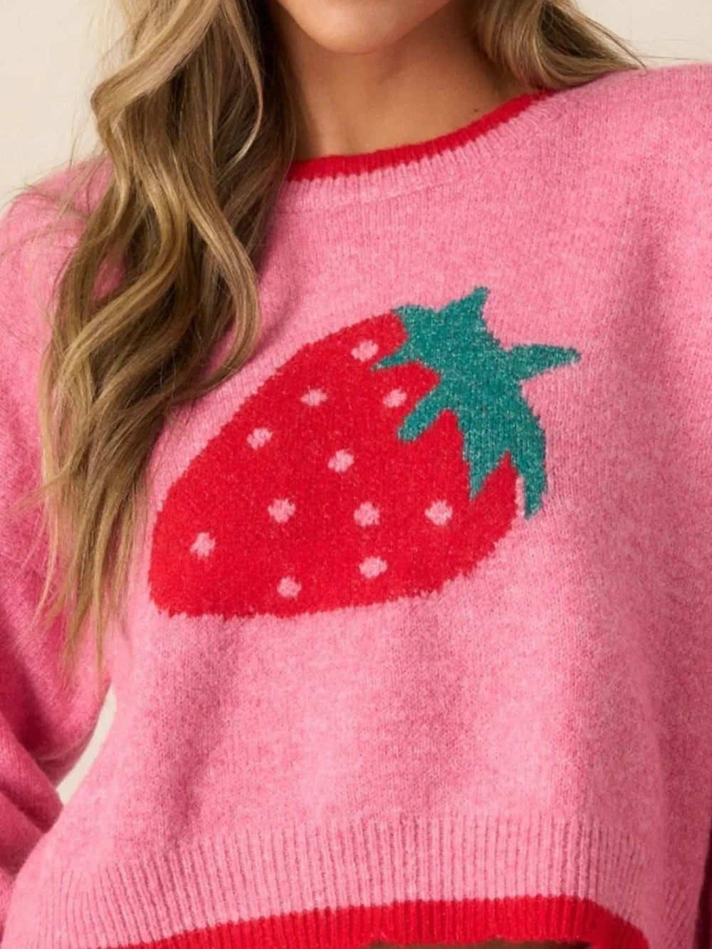 Strawberry Round Neck Long Sleeve Sweater - Trendsi - Flyclothing LLC