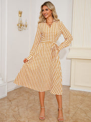 Tied Houndstooth Long Sleeve Midi Dress