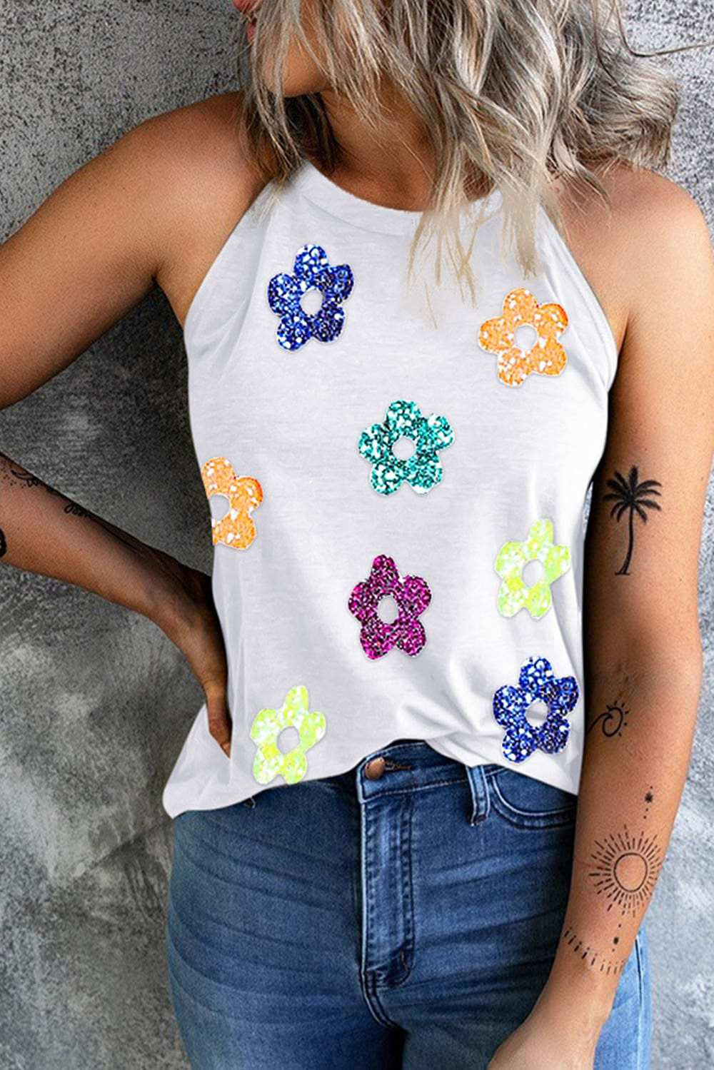 Sequin Flower Grecian Neck Tank - Trendsi - Flyclothing LLC