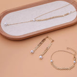 Wheat‑Spike Faux Pearl Necklace Bracelet Earrings 3‑Pcs Jewelry Set - Trendsi - Flyclothing LLC