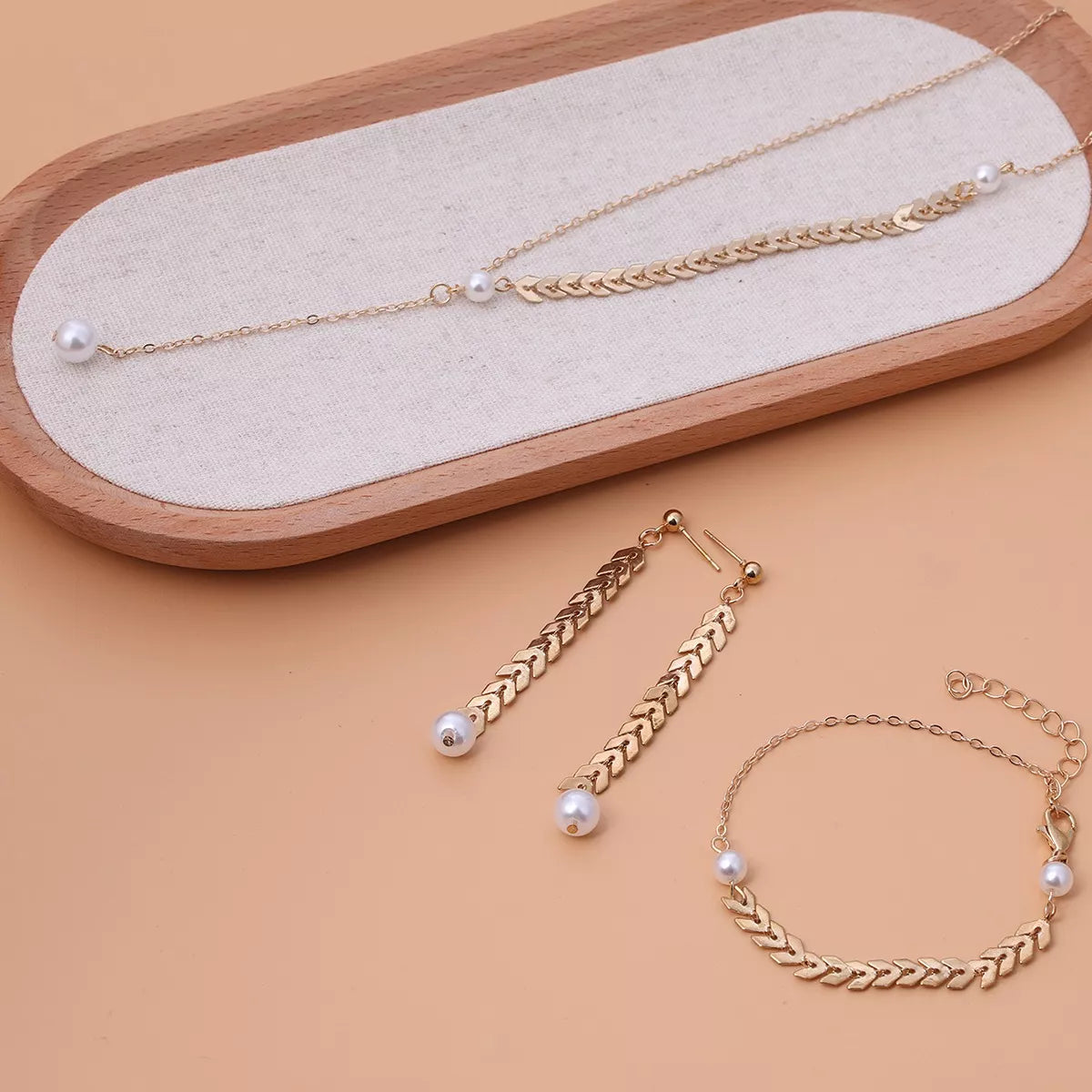 Wheat‑Spike Faux Pearl Necklace Bracelet Earrings 3‑Pcs Jewelry Set - Trendsi - Flyclothing LLC