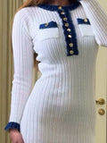 Contrast Trim Round Neck Long Sleeve Sweater Dress - Trendsi - Flyclothing LLC