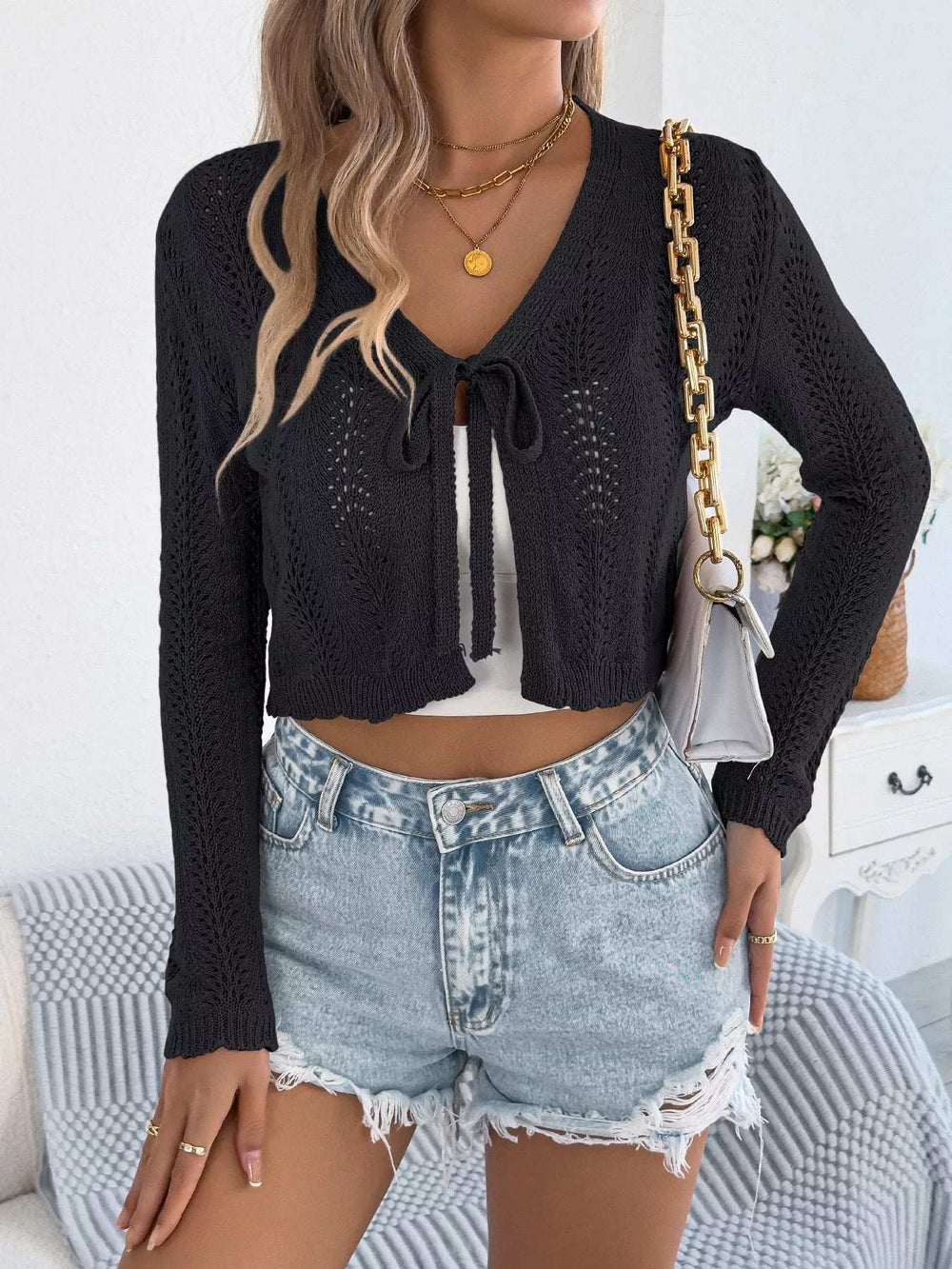 Openwork Tie Front Long Sleeve Cardigan - Trendsi - Flyclothing LLC