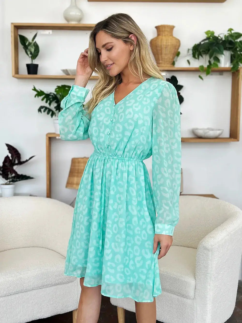 Double Take Full Size Printed Ruched V-Neck Long Sleeve Dress - Trendsi - Flyclothing LLC
