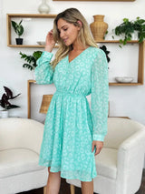 Double Take Full Size Printed Ruched V-Neck Long Sleeve Dress - Trendsi - Flyclothing LLC