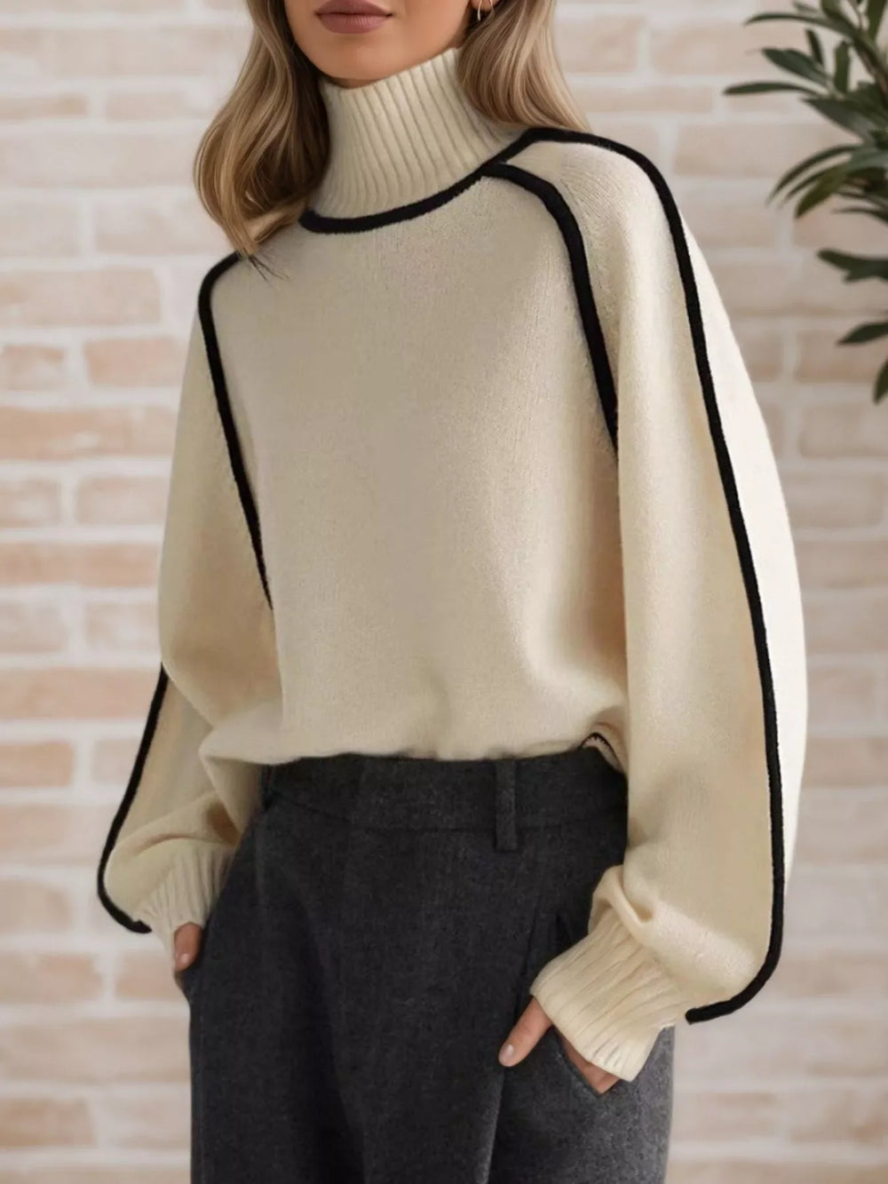 Contrast Trim Turtleneck Sweater - Trendsi - Flyclothing LLC