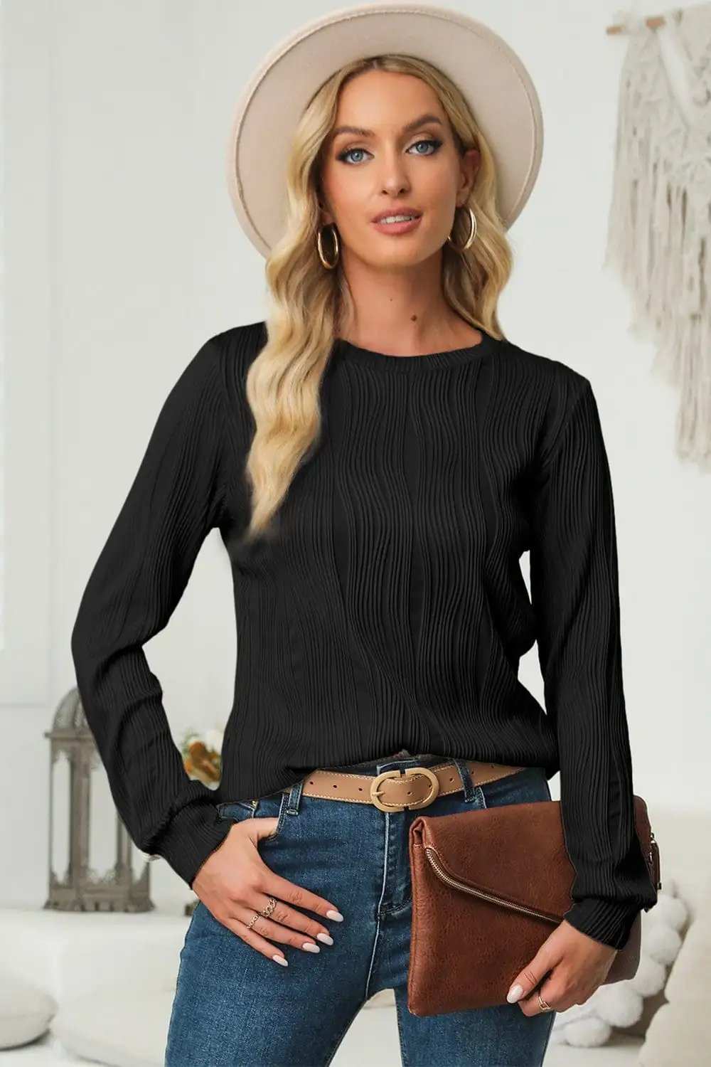 Textured Round Neck Long Sleeve Blouse - Trendsi - Flyclothing LLC