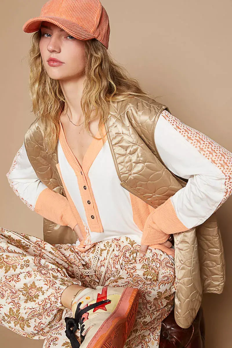 POL Front Zipper Floral Pattern Quilted Vest Coat with Front Pockets - Trendsi - Flyclothing LLC