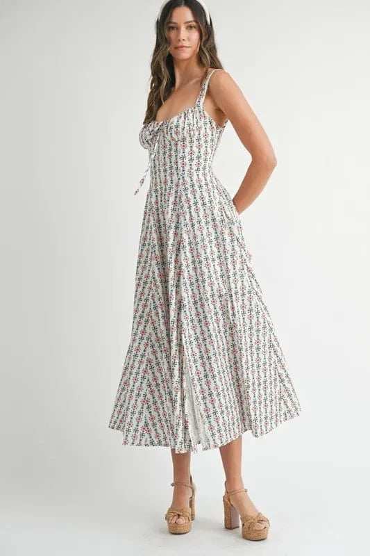 MABLE Floral Print Bustier Back Lace Up Midi Dress - Trendsi - Flyclothing LLC