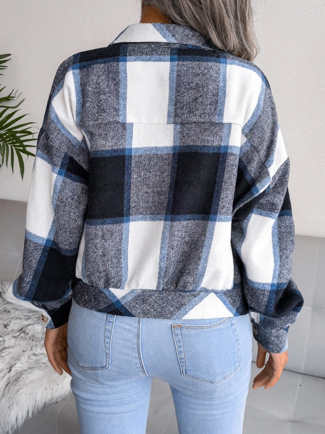 Plaid Collared Neck Long Sleeve Jacket - Trendsi