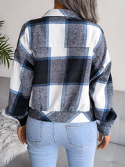 Plaid Collared Neck Long Sleeve Jacket - Trendsi