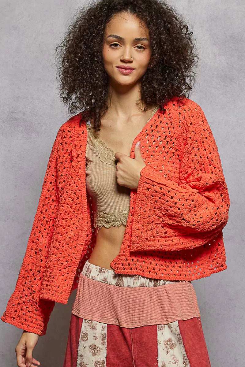 POL Open Front Cardigan with Crochet Patterns - Trendsi - Flyclothing LLC