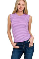 Zenana Ribbed Ruffle Trim Sleeveless Stripe Top - Trendsi - Flyclothing LLC