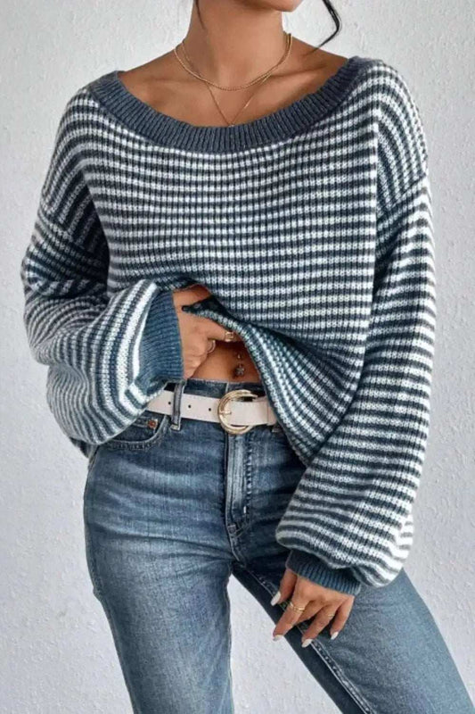 Striped Boat Neck Long Sleeve Sweater - Trendsi - Flyclothing LLC