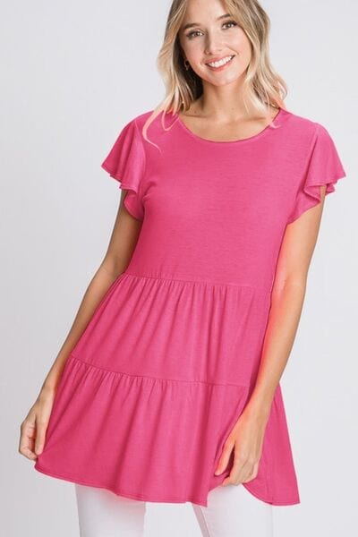 Heimish Full Size Tiered Round Neck Ruffle Sleeve Top Plus Size - Trendsi