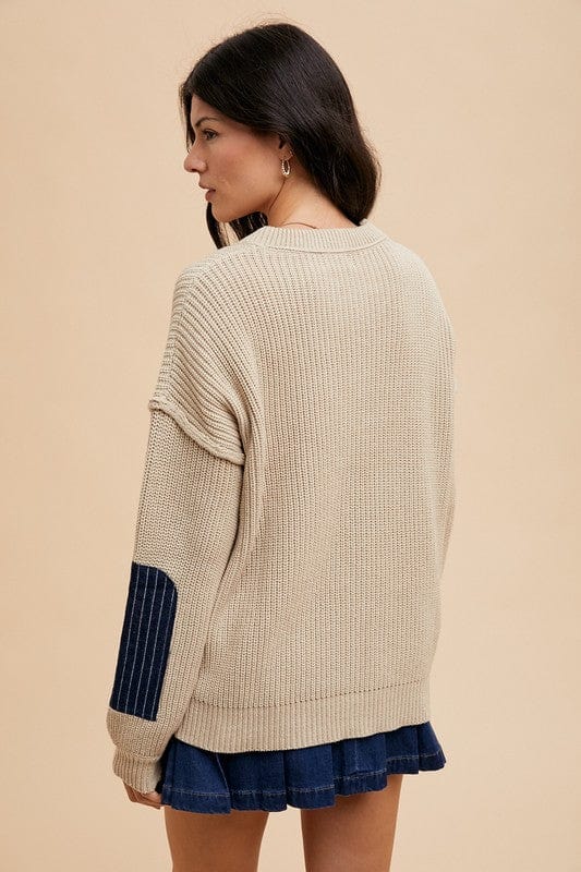 Annie Wear Contrast Round Neck Drop Shoulder Sweater with Patch Pocket - Trendsi