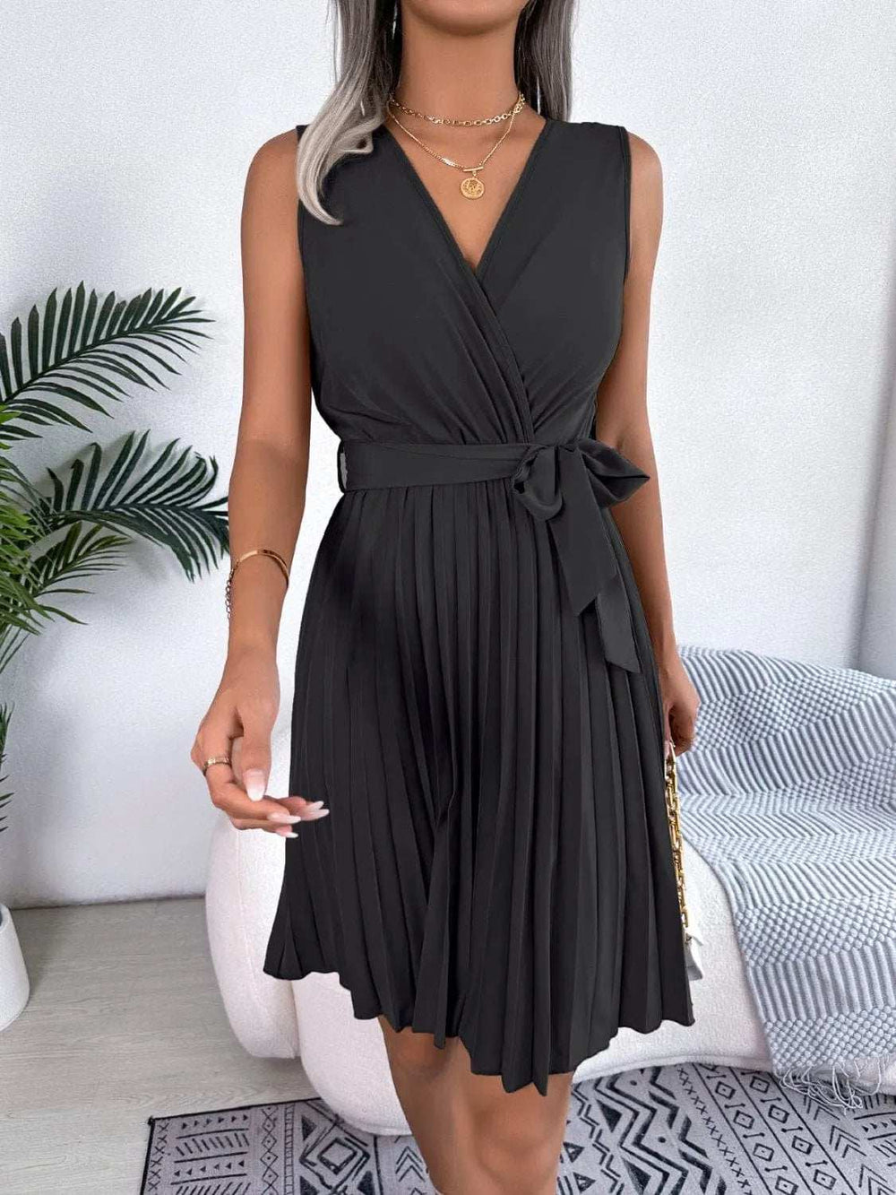Tied Surplice Sleeveless Pleated Dress - Trendsi - Flyclothing LLC