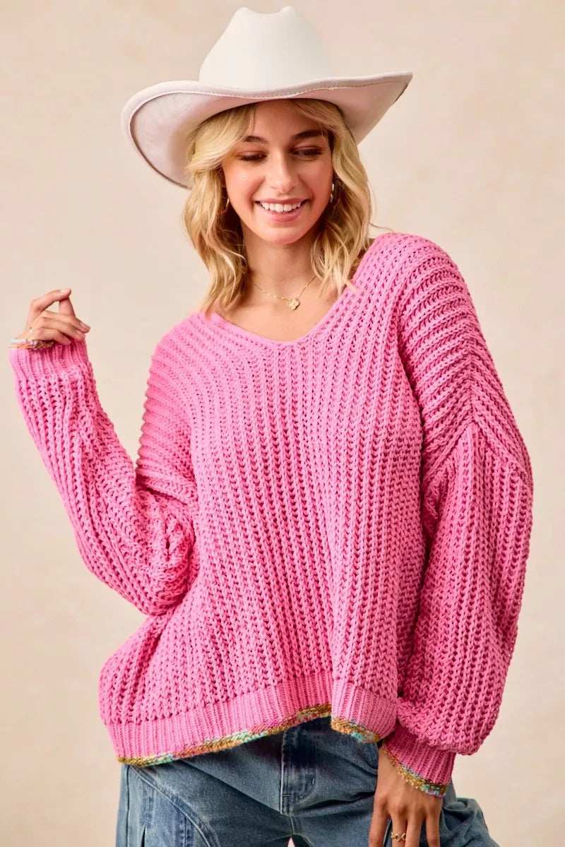 BiBi V-Neck Sweater with Colorful Trim - Trendsi - Flyclothing LLC