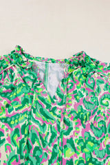 Abstract Print Ruffled Trim Tie Neck Top - Trendsi - Flyclothing LLC