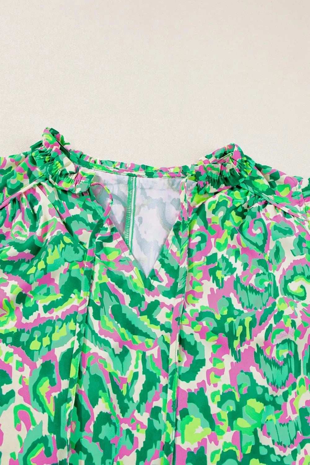 Abstract Print Ruffled Trim Tie Neck Top - Trendsi - Flyclothing LLC