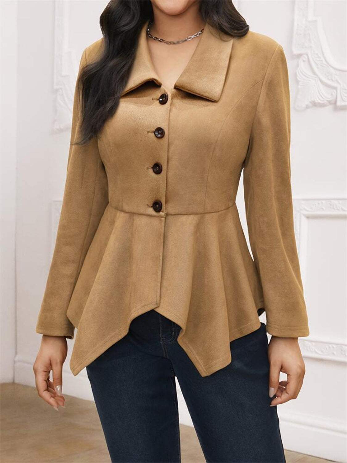 Handkerchief Hem Button Up Collared Neck Jacket - Trendsi - Flyclothing LLC
