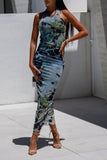 Backless Printed Halter Neck Dress - Trendsi