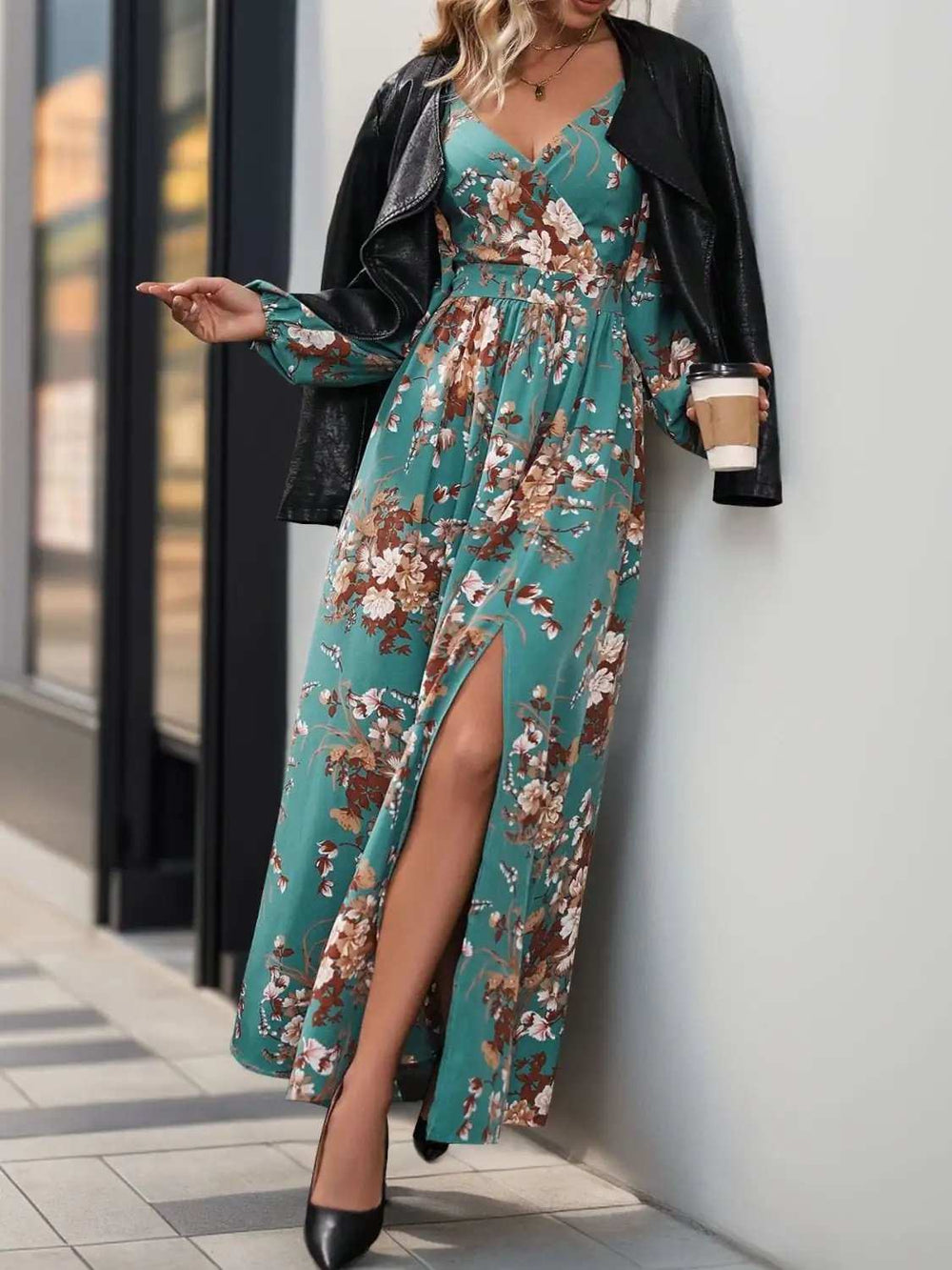 Slit Printed Surplice Long Sleeve Maxi Dress - Trendsi - Flyclothing LLC