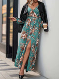Slit Printed Surplice Long Sleeve Maxi Dress - Trendsi - Flyclothing LLC