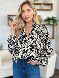 Double Take Full Size Printed Ruffle Trim Balloon Sleeve Shirt - Trendsi - Flyclothing LLC