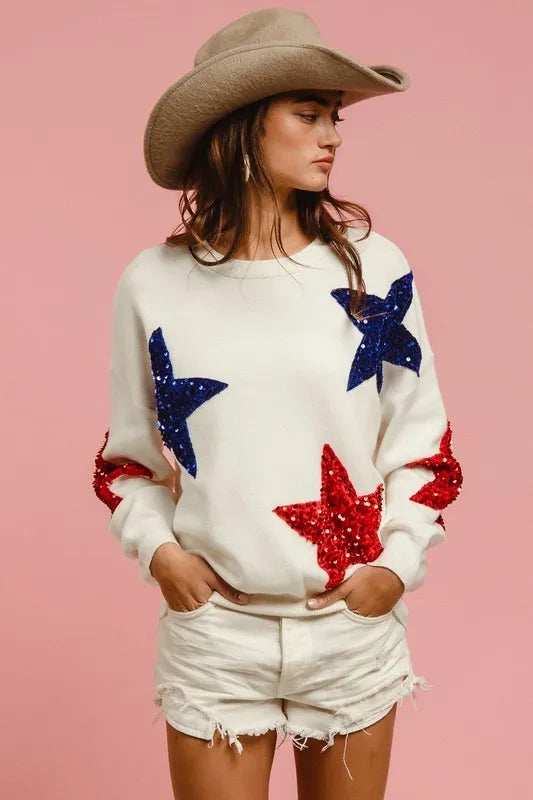 BiBi Velvet Sequin Star Patches Sweater Top - Trendsi - Flyclothing LLC