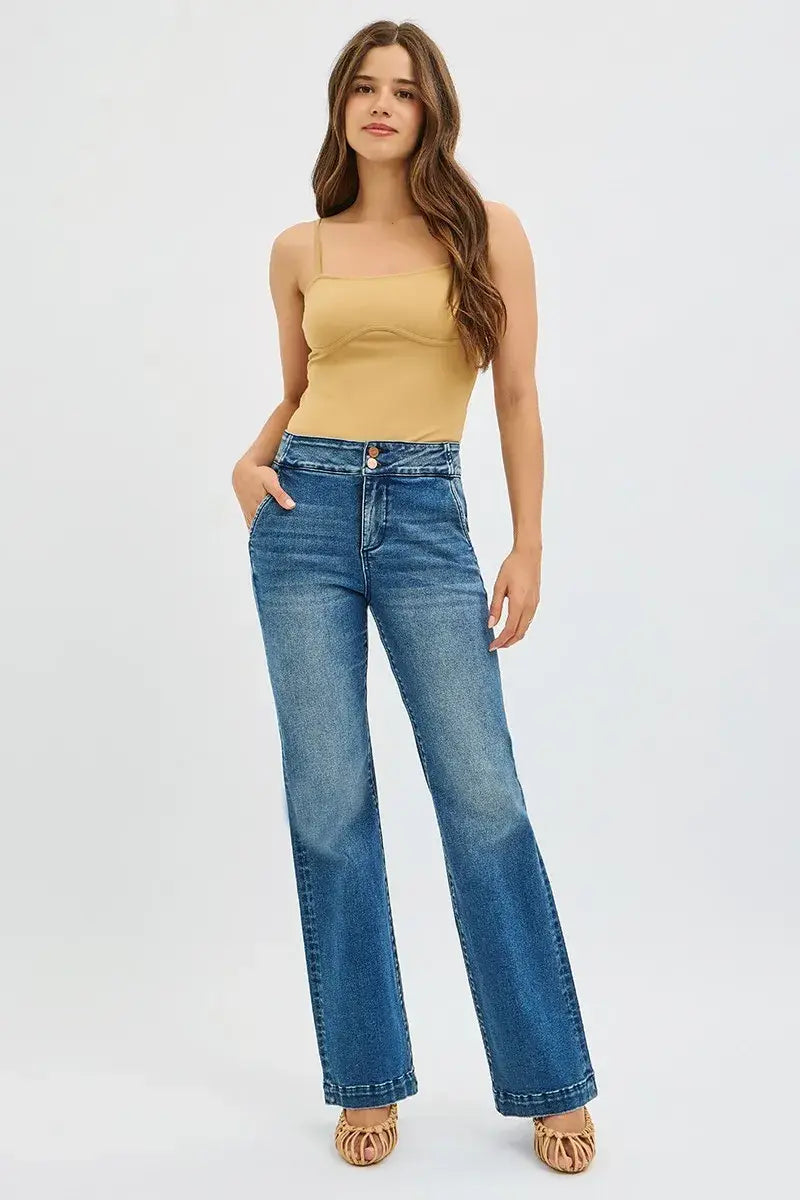 RISEN Full Size Tummy Control High Rise Bootcut Jeans with Double Button Waistband Plus Size - Trendsi - Flyclothing LLC