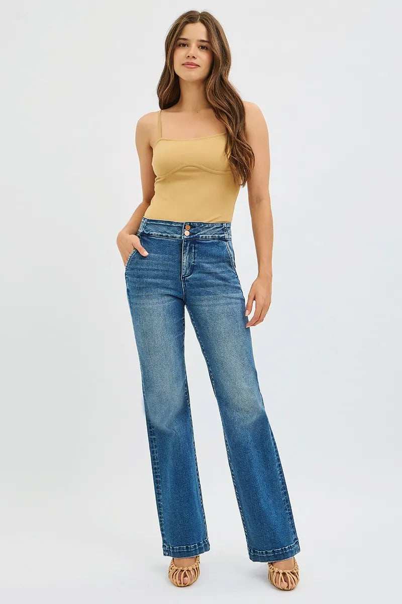 RISEN Full Size Tummy Control High Rise Bootcut Jeans with Double Button Waistband Plus Size - Trendsi - Flyclothing LLC