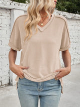 Cord Ribbed V-Neck Short Sleeve T-Shirt - Trendsi - Flyclothing LLC