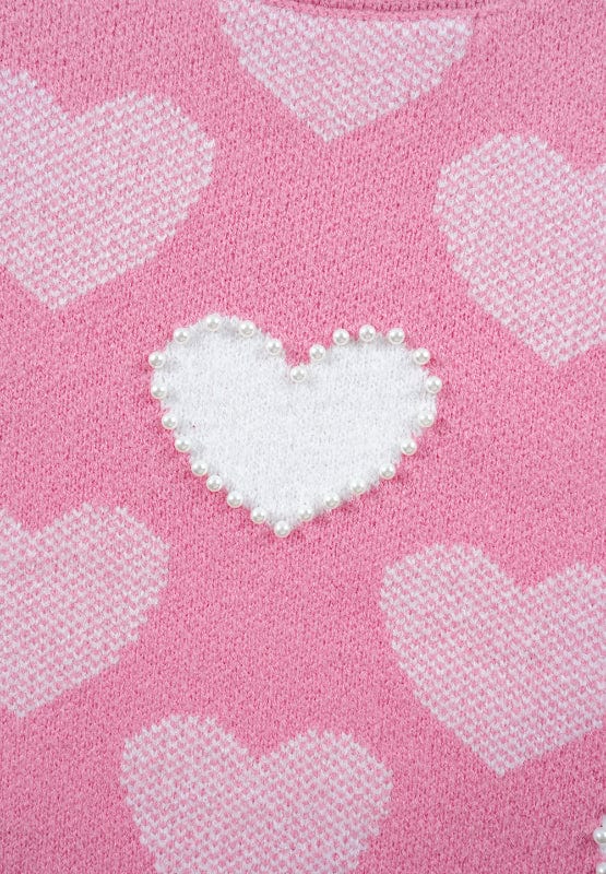 Pearl Trim Heart Round Neck Long Sleeve Sweater - Trendsi