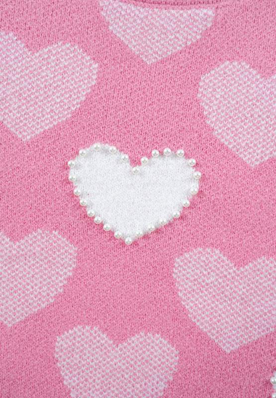 Pearl Trim Heart Round Neck Long Sleeve Sweater - Trendsi - Flyclothing LLC