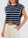 Striped Round Neck Cap Sleeve T-Shirt - Trendsi - Flyclothing LLC