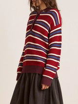 Striped Button Detail Polo Collar Sweater - Trendsi - Flyclothing LLC
