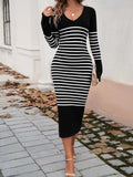 Striped V-Neck Long Sleeve Sweater Dress - Trendsi - Flyclothing LLC