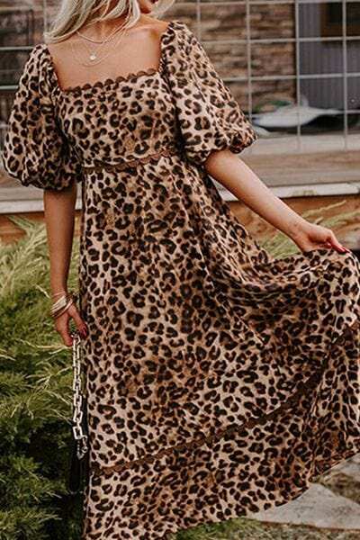 Leopard Square Neck Puff Sleeve Maxi Dress - Trendsi - Flyclothing LLC