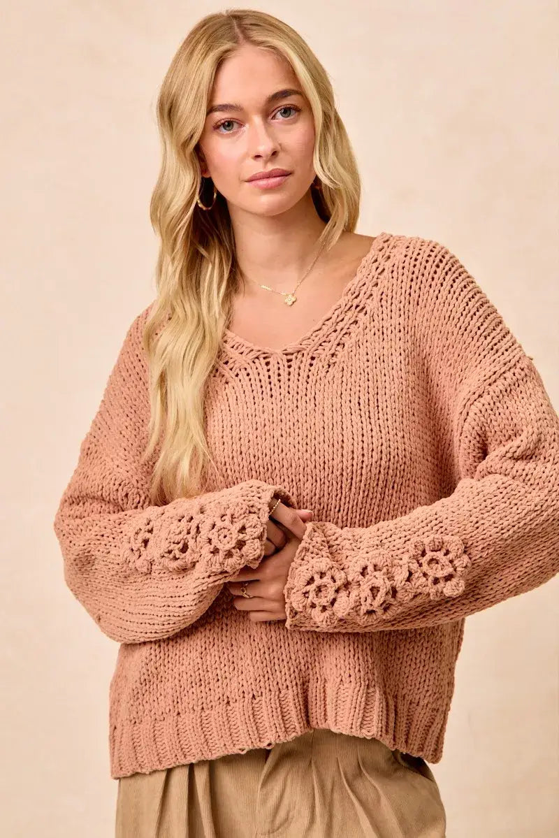 BiBi Chunky Knit Sweater with Flower Detail Sleeves - Trendsi - Flyclothing LLC