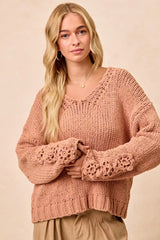 BiBi Chunky Knit Sweater with Flower Detail Sleeves - Trendsi - Flyclothing LLC