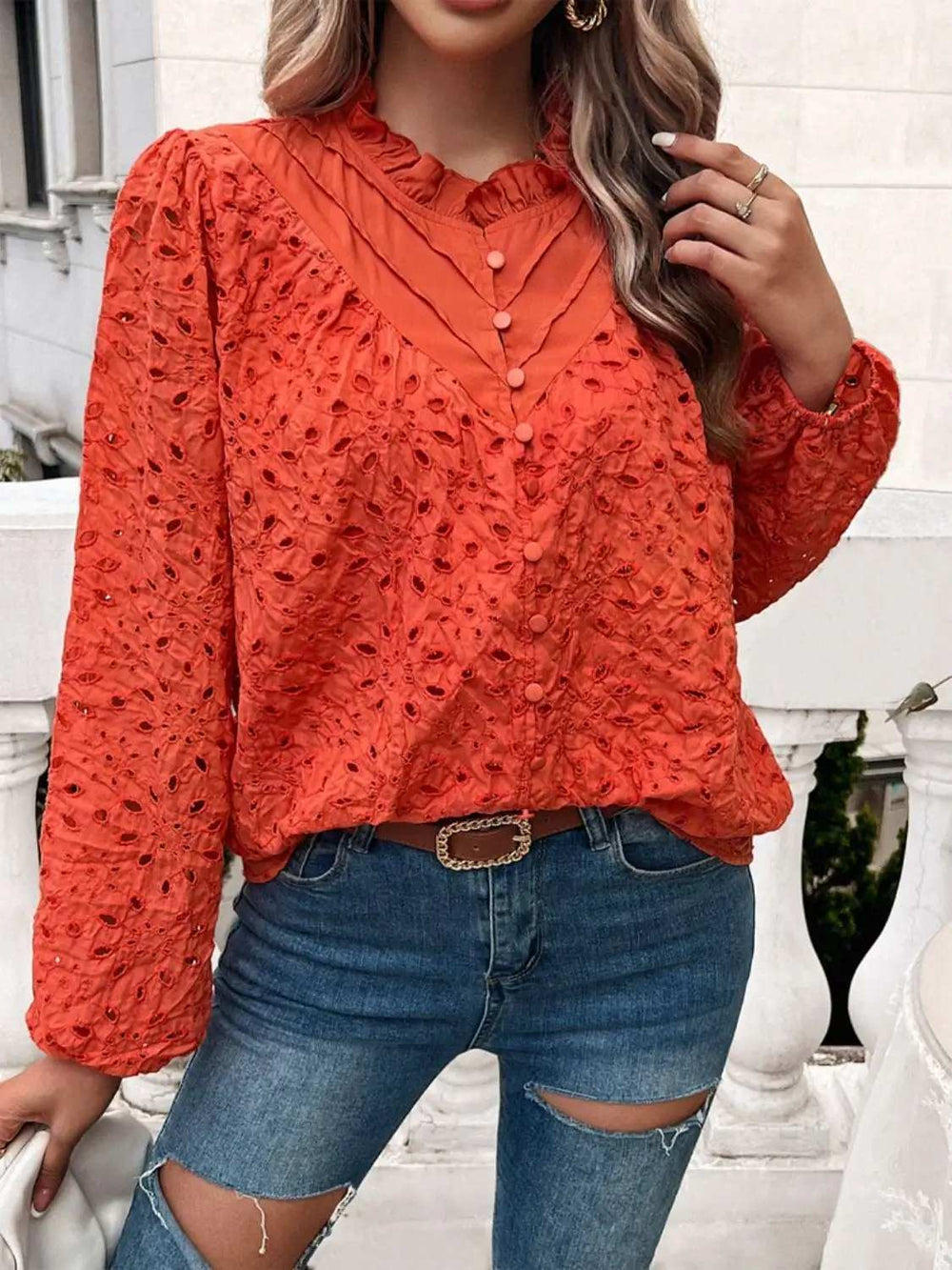 Frill Round Neck Long Sleeve Shirt - Trendsi - Flyclothing LLC