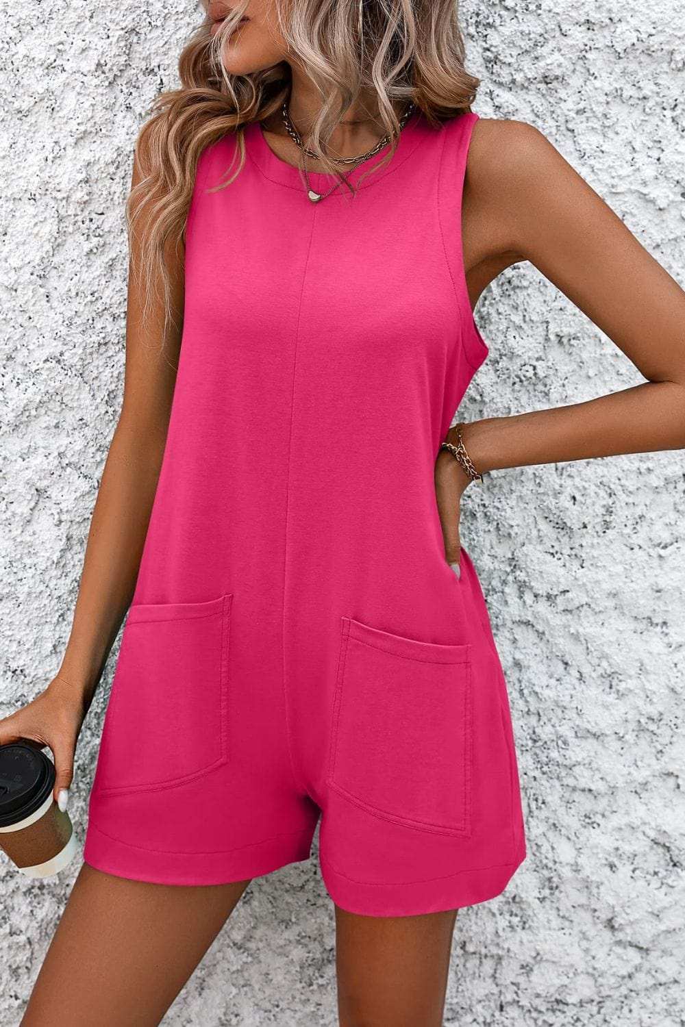 Round Neck Sleeveless Front Pocket Romper - Trendsi - Flyclothing LLC